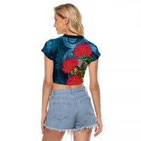 New Zealand Matariki Piwakawaka Raglan Cropped T Shirt Maori Koru With Pohutukawa Flowers
