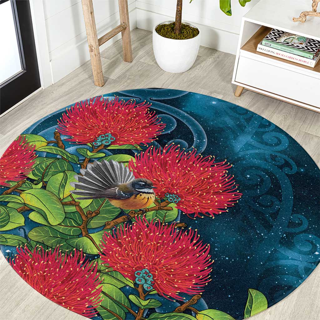 New Zealand Matariki Piwakawaka Round Carpet Maori Koru With Pohutukawa Flowers LT05 Dark Teal - Polynesian Pride