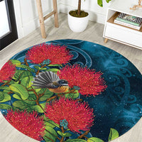 New Zealand Matariki Piwakawaka Round Carpet Maori Koru With Pohutukawa Flowers LT05 Dark Teal - Polynesian Pride