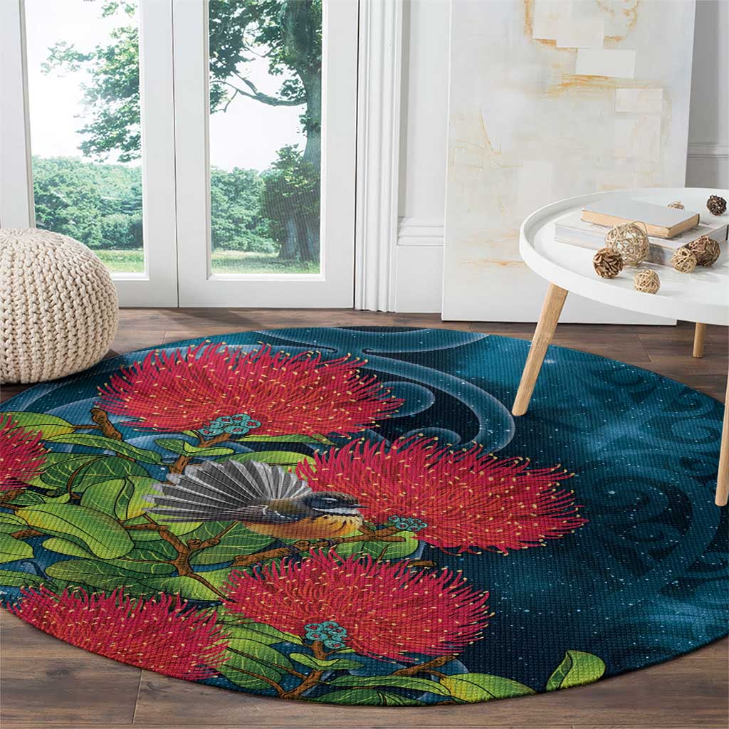 New Zealand Matariki Piwakawaka Round Carpet Maori Koru With Pohutukawa Flowers LT05 - Polynesian Pride