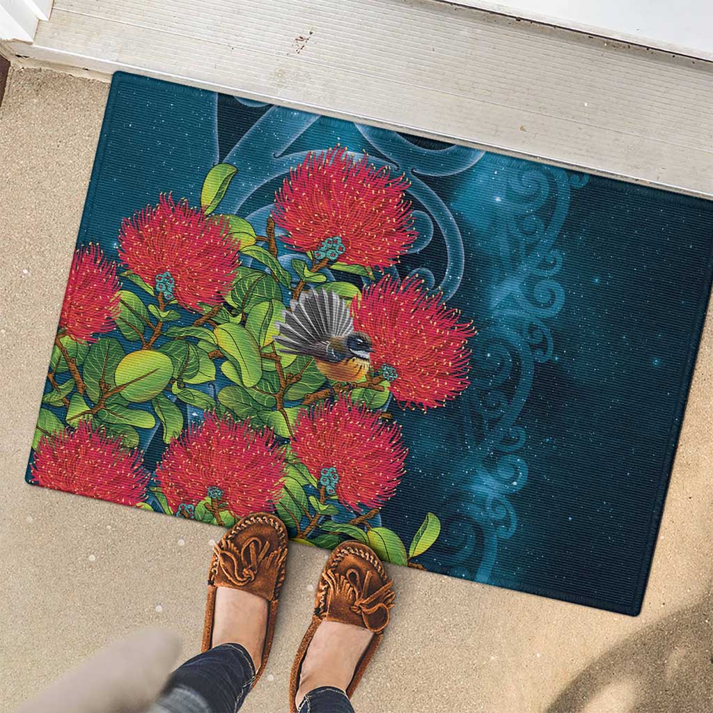 New Zealand Matariki Piwakawaka Rubber Doormat Maori Koru With Pohutukawa Flowers LT05 - Polynesian Pride