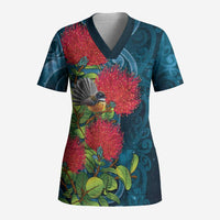 New Zealand Matariki Piwakawaka Scrub Top Maori Koru With Pohutukawa Flowers LT05 Adult Dark Teal - Polynesian Pride