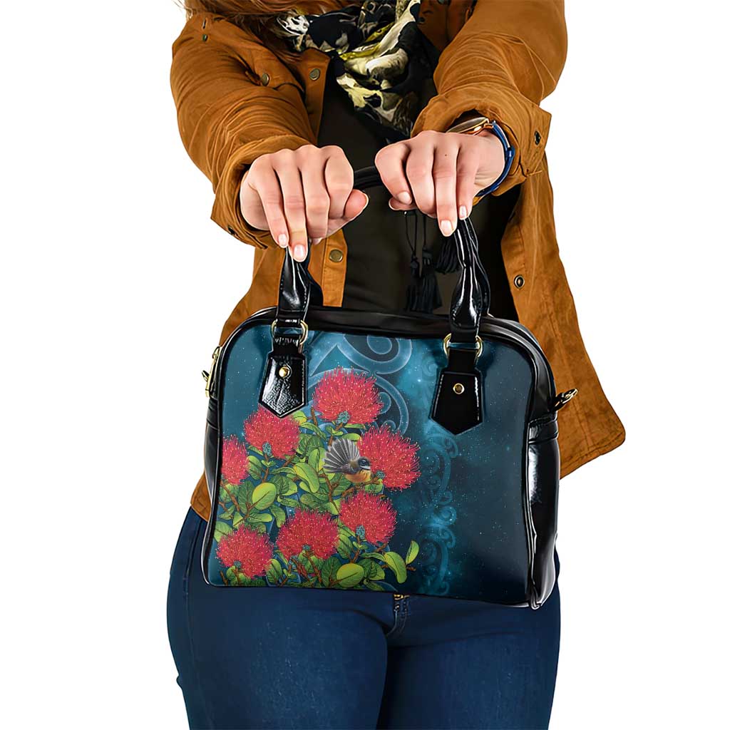 New Zealand Matariki Piwakawaka Shoulder Handbag Maori Koru With Pohutukawa Flowers LT05 One Size Dark Teal - Polynesian Pride