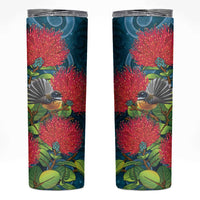 New Zealand Matariki Piwakawaka Skinny Tumbler Maori Koru With Pohutukawa Flowers LT05 Dark Teal - Polynesian Pride