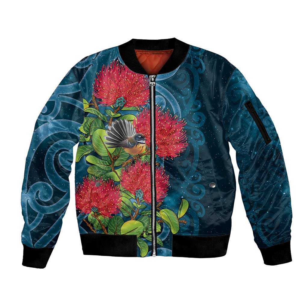 New Zealand Matariki Piwakawaka Sleeve Zip Bomber Jacket Maori Koru With Pohutukawa Flowers LT05 Unisex Dark Teal - Polynesian Pride