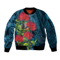 New Zealand Matariki Piwakawaka Sleeve Zip Bomber Jacket Maori Koru With Pohutukawa Flowers LT05 Unisex Dark Teal - Polynesian Pride