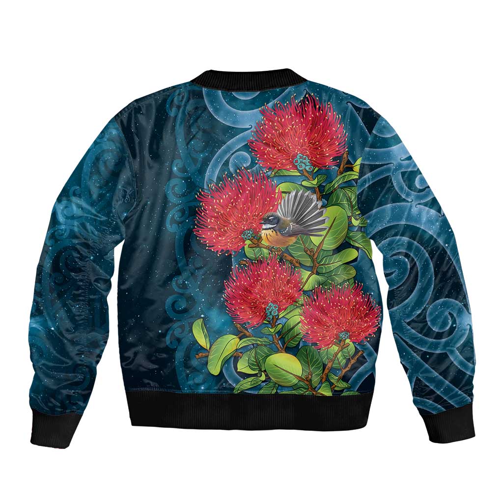 New Zealand Matariki Piwakawaka Sleeve Zip Bomber Jacket Maori Koru With Pohutukawa Flowers LT05 - Polynesian Pride
