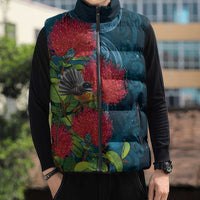 New Zealand Matariki Piwakawaka Sleeveless Puffer Jacket Maori Koru With Pohutukawa Flowers LT05 - Polynesian Pride