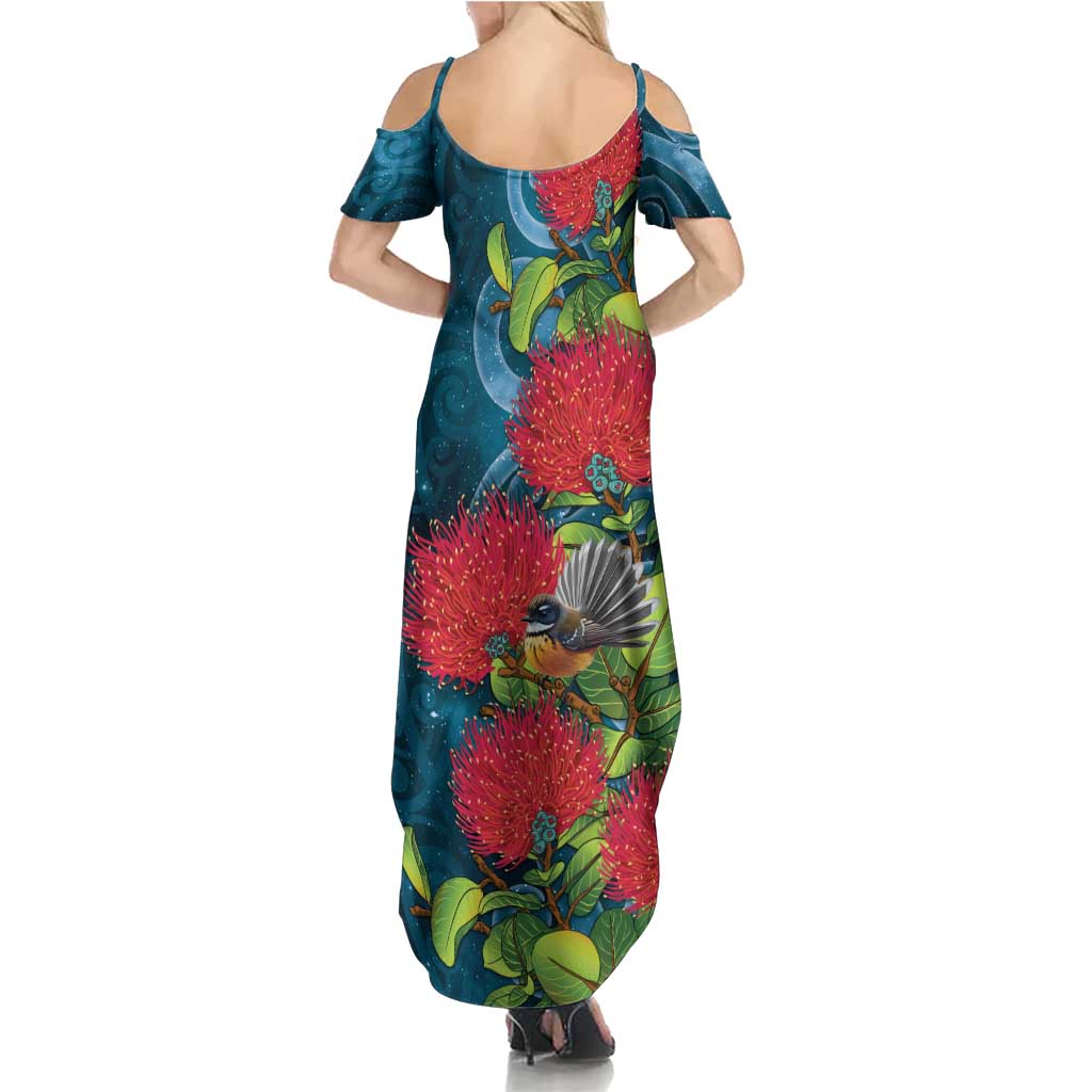 New Zealand Matariki Piwakawaka Summer Maxi Dress Maori Koru With Pohutukawa Flowers