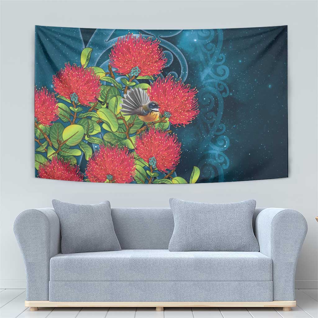 New Zealand Matariki Piwakawaka Tapestry Maori Koru With Pohutukawa Flowers LT05 - Polynesian Pride