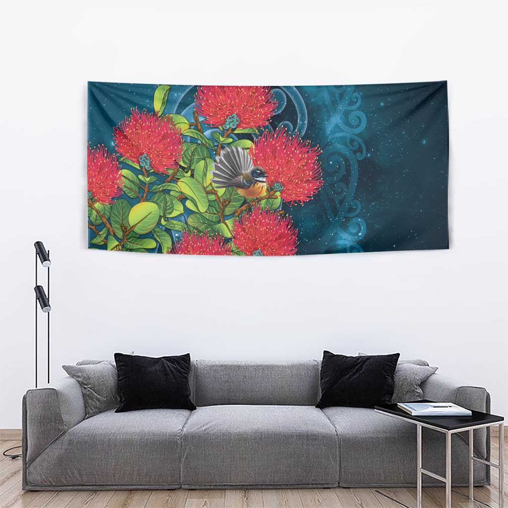 New Zealand Matariki Piwakawaka Tapestry Maori Koru With Pohutukawa Flowers LT05 - Polynesian Pride