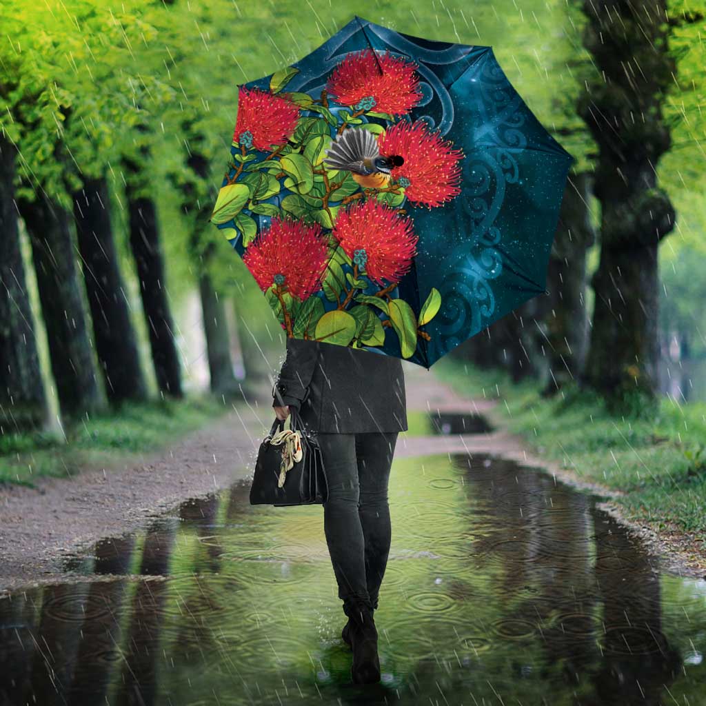 New Zealand Matariki Piwakawaka Umbrella Maori Koru With Pohutukawa Flowers LT05 - Polynesian Pride