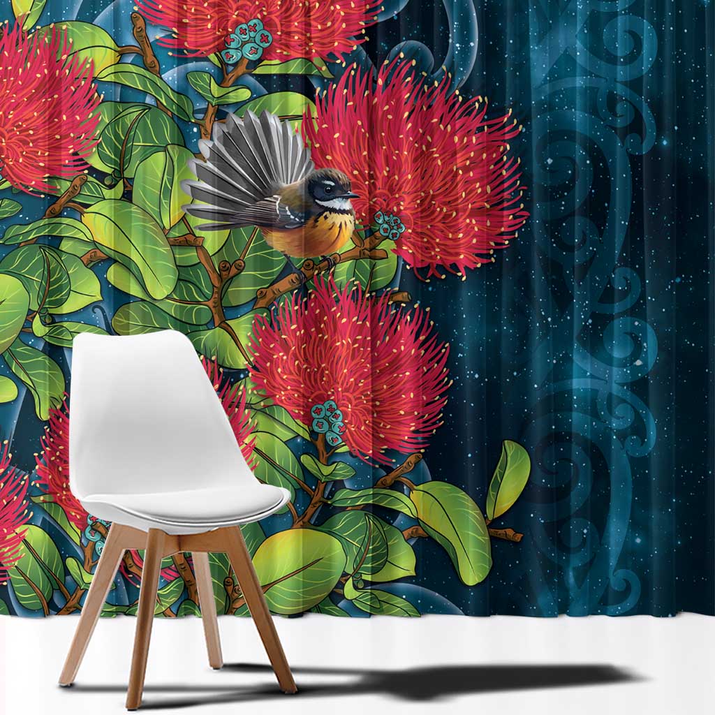 New Zealand Matariki Piwakawaka Window Curtain Maori Koru With Pohutukawa Flowers LT05 - Polynesian Pride