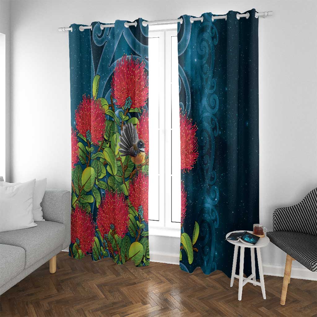 New Zealand Matariki Piwakawaka Window Curtain Maori Koru With Pohutukawa Flowers LT05 With Grommets Dark Teal - Polynesian Pride