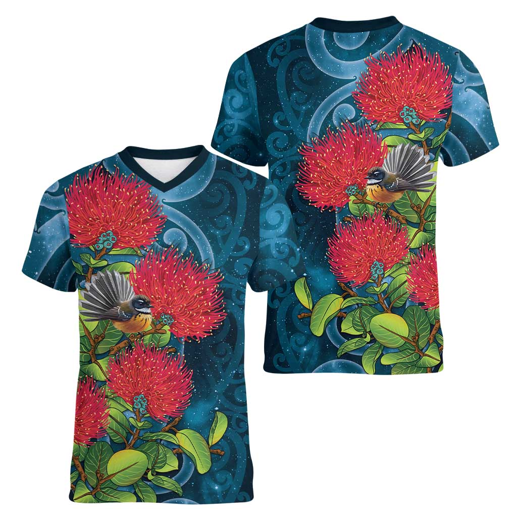 New Zealand Matariki Piwakawaka Women V-Neck T-Shirt Maori Koru With Pohutukawa Flowers LT05 - Polynesian Pride