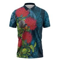 New Zealand Matariki Piwakawaka Zipper Polo Shirt Maori Koru With Pohutukawa Flowers LT05 Dark Teal - Polynesian Pride