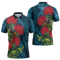 New Zealand Matariki Piwakawaka Zipper Polo Shirt Maori Koru With Pohutukawa Flowers LT05 - Polynesian Pride