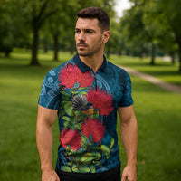 New Zealand Matariki Piwakawaka Zipper Polo Shirt Maori Koru With Pohutukawa Flowers LT05 - Polynesian Pride