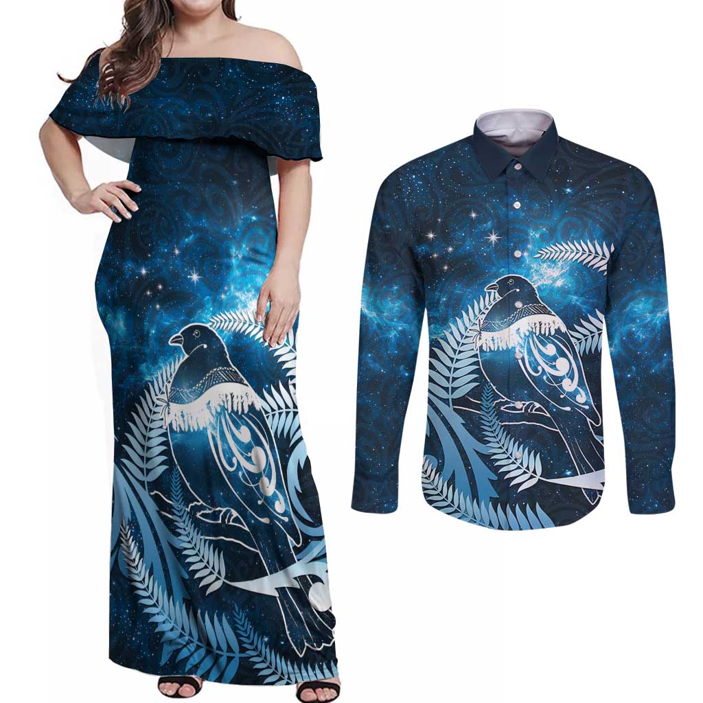 New Zealand Matariki Couples Matching Off Shoulder Maxi Dress and Long Sleeve Button Shirt Pigeon Kereru Maori Fern Art LT05 Blue - Polynesian Pride