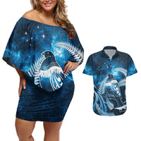 New Zealand Matariki Couples Matching Off Shoulder Short Dress and Hawaiian Shirt Pigeon Kereru Maori Fern Art LT05 Blue - Polynesian Pride