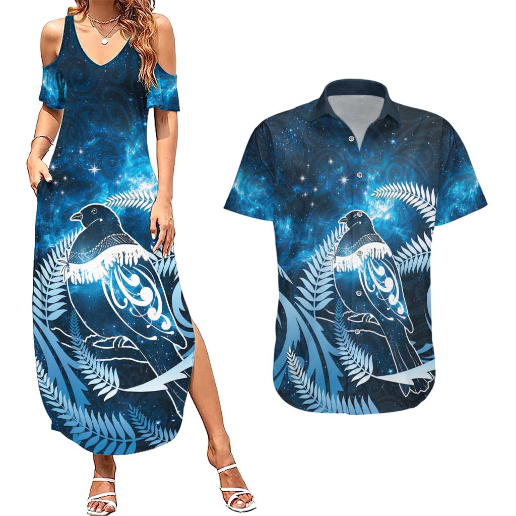 New Zealand Matariki Couples Matching Summer Maxi Dress and Hawaiian Shirt Pigeon Kereru Maori Fern Art LT05 Blue - Polynesian Pride