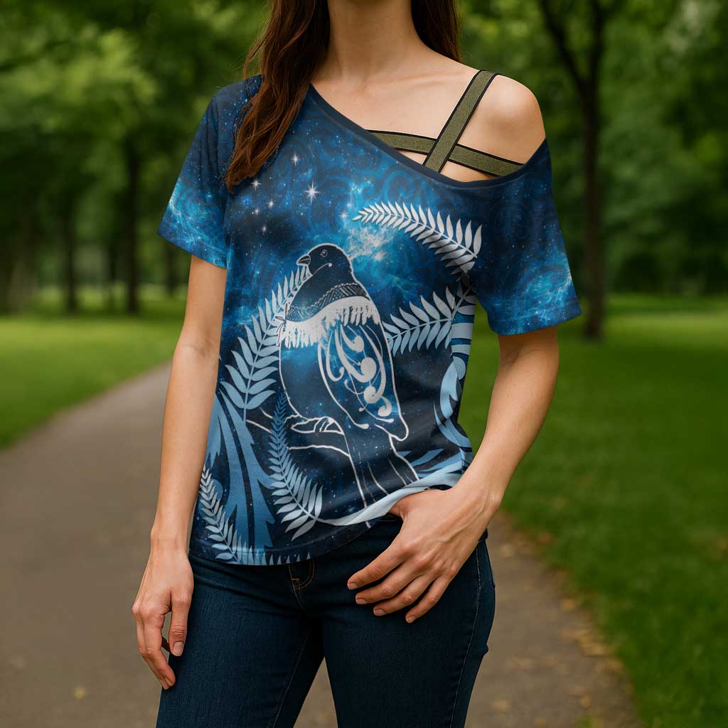 New Zealand Matariki Cross Shoulder Shirt Pigeon Kereru Maori Fern Art