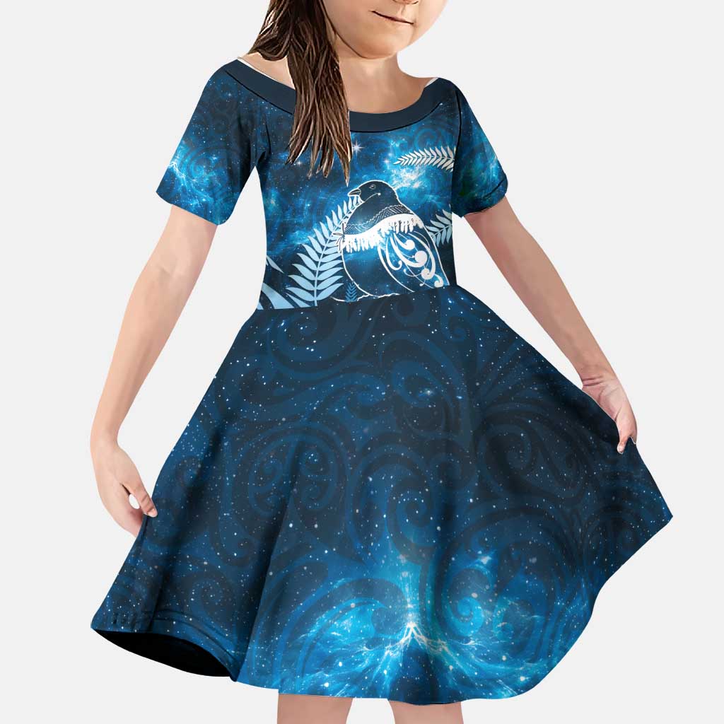 New Zealand Matariki Family Matching Mermaid Dress and Hawaiian Shirt Pigeon Kereru Maori Fern Art LT05 Daughter's Dress Blue - Polynesian Pride