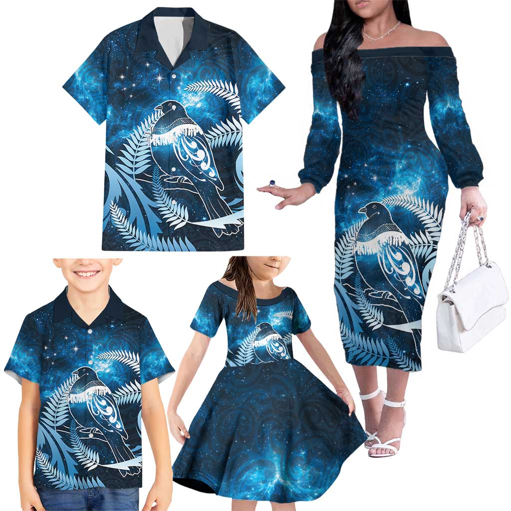 New Zealand Matariki Family Matching Off The Shoulder Long Sleeve Dress and Hawaiian Shirt Pigeon Kereru Maori Fern Art LT05 - Polynesian Pride