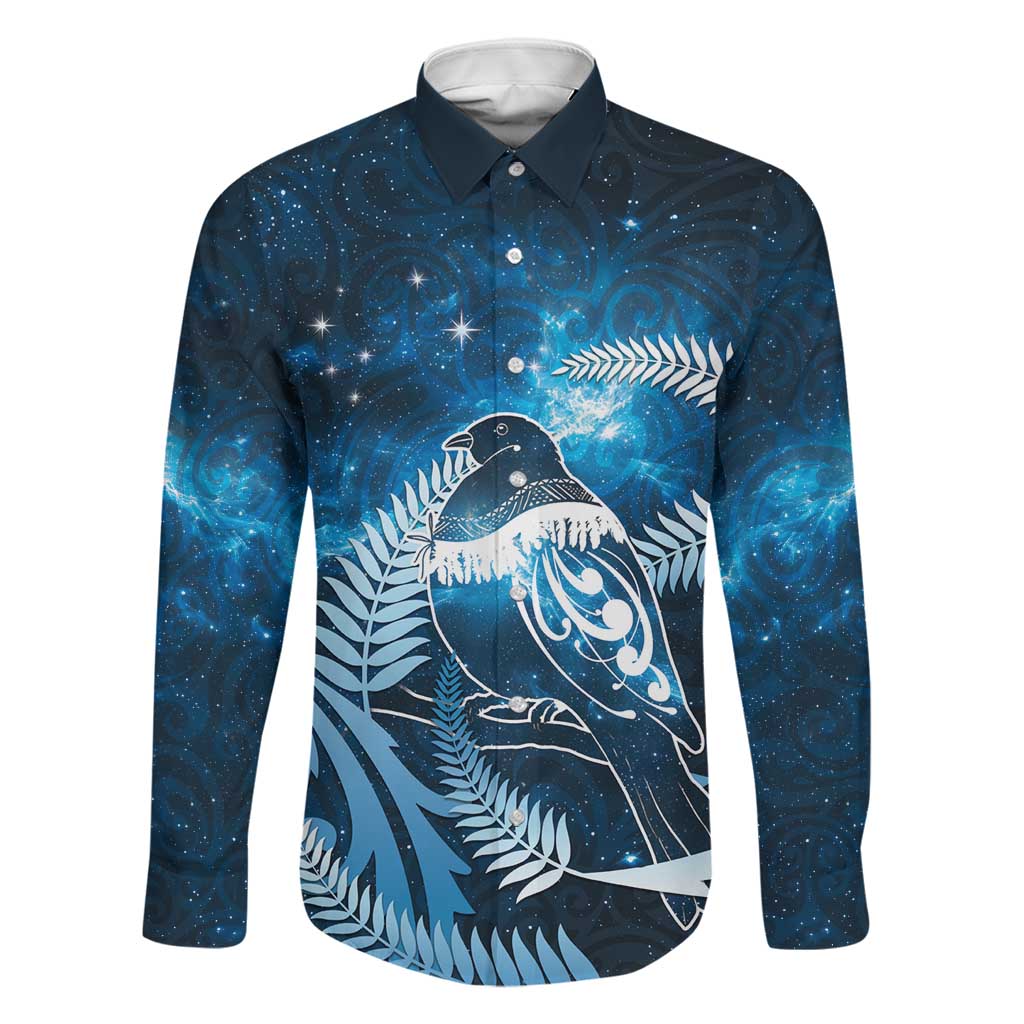 New Zealand Matariki Family Matching Off Shoulder Maxi Dress and Hawaiian Shirt Pigeon Kereru Maori Fern Art LT05 Dad's Shirt - Long Sleeve Blue - Polynesian Pride
