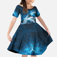 New Zealand Matariki Family Matching Off Shoulder Short Dress and Hawaiian Shirt Pigeon Kereru Maori Fern Art LT05 Daughter's Dress Blue - Polynesian Pride