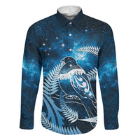 New Zealand Matariki Family Matching Off Shoulder Short Dress and Hawaiian Shirt Pigeon Kereru Maori Fern Art LT05 Dad's Shirt - Long Sleeve Blue - Polynesian Pride