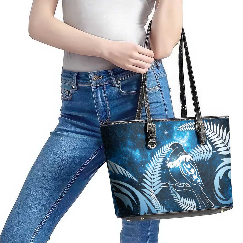 New Zealand Matariki Leather Tote Bag Pigeon Kereru Maori Fern Art