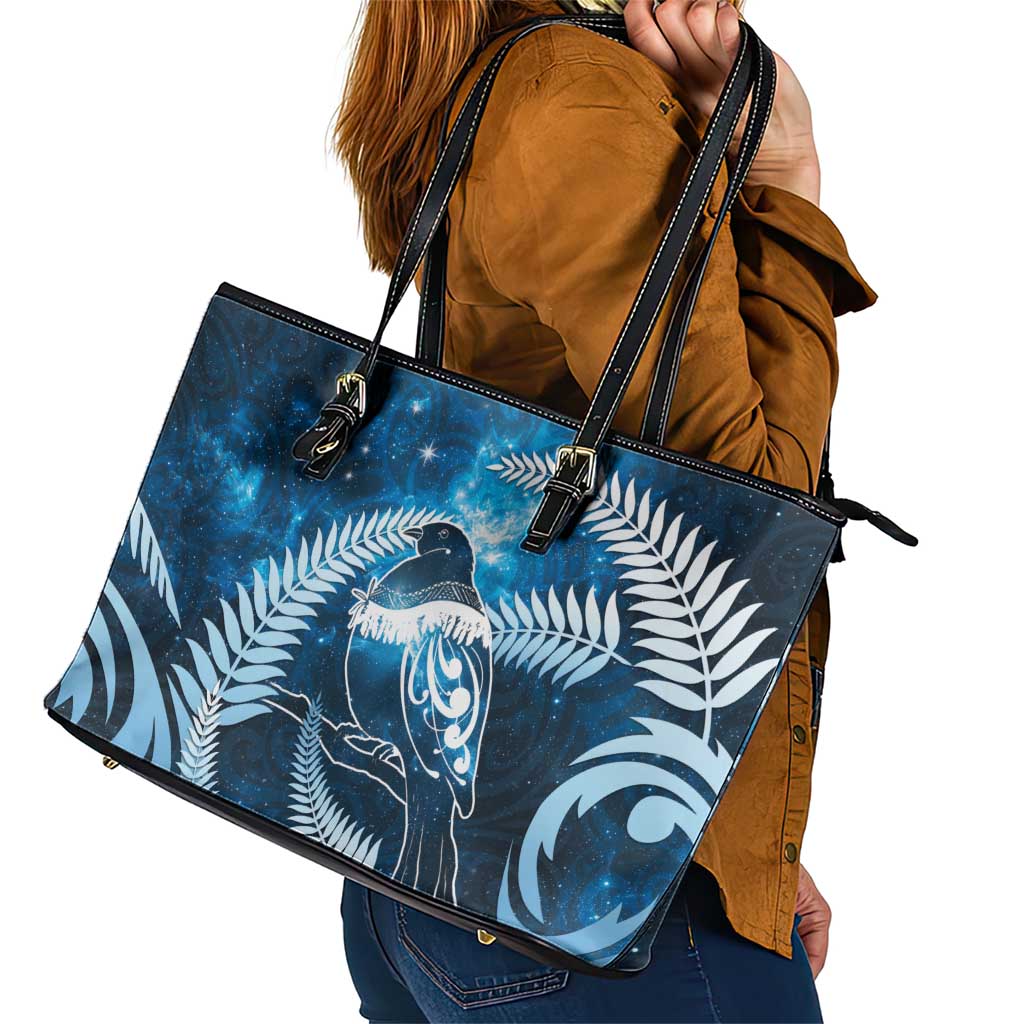 New Zealand Matariki Leather Tote Bag Pigeon Kereru Maori Fern Art