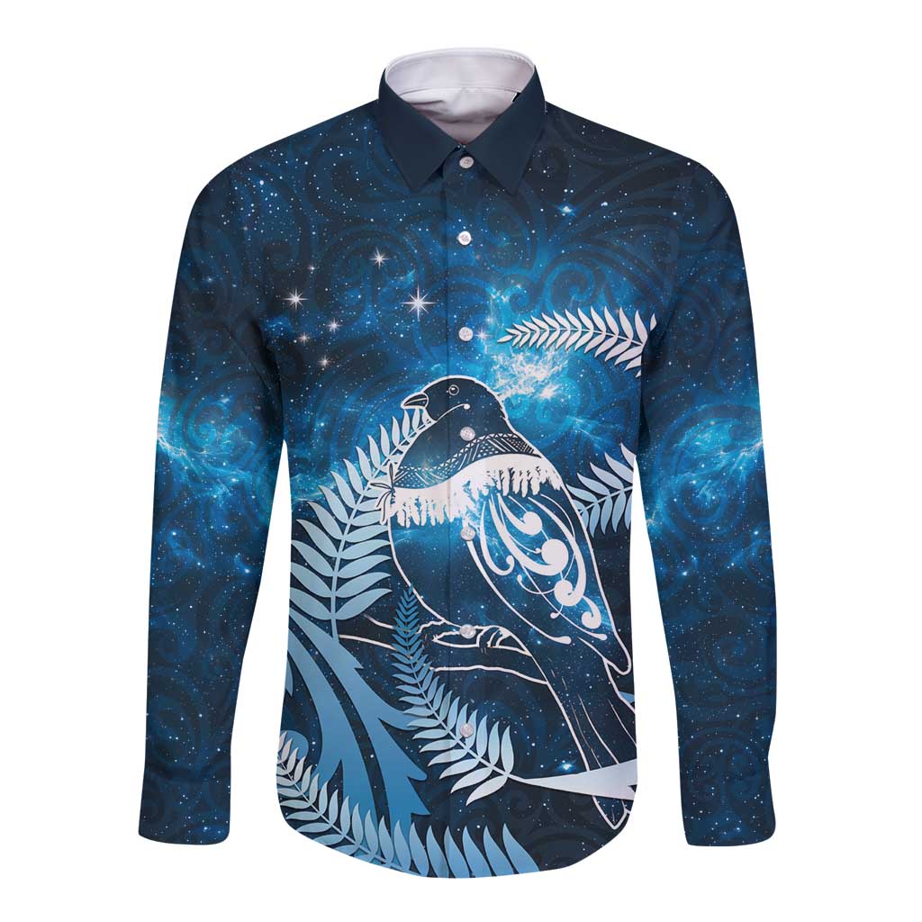 New Zealand Matariki Long Sleeve Button Shirt Pigeon Kereru Maori Fern Art LT05 Unisex Blue - Polynesian Pride