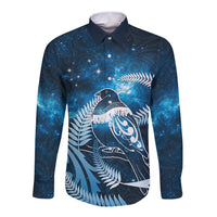 New Zealand Matariki Long Sleeve Button Shirt Pigeon Kereru Maori Fern Art LT05 Unisex Blue - Polynesian Pride