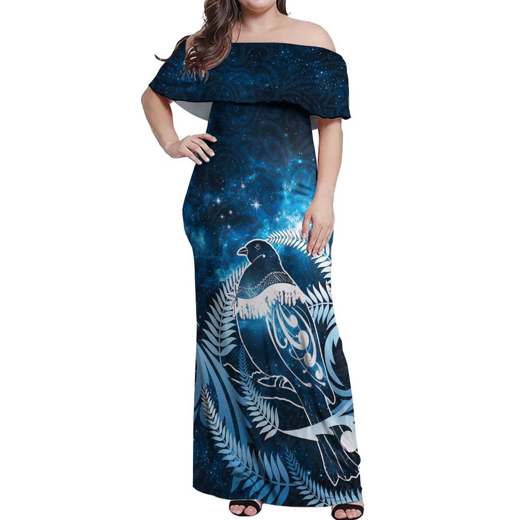 New Zealand Matariki Off Shoulder Maxi Dress Pigeon Kereru Maori Fern Art