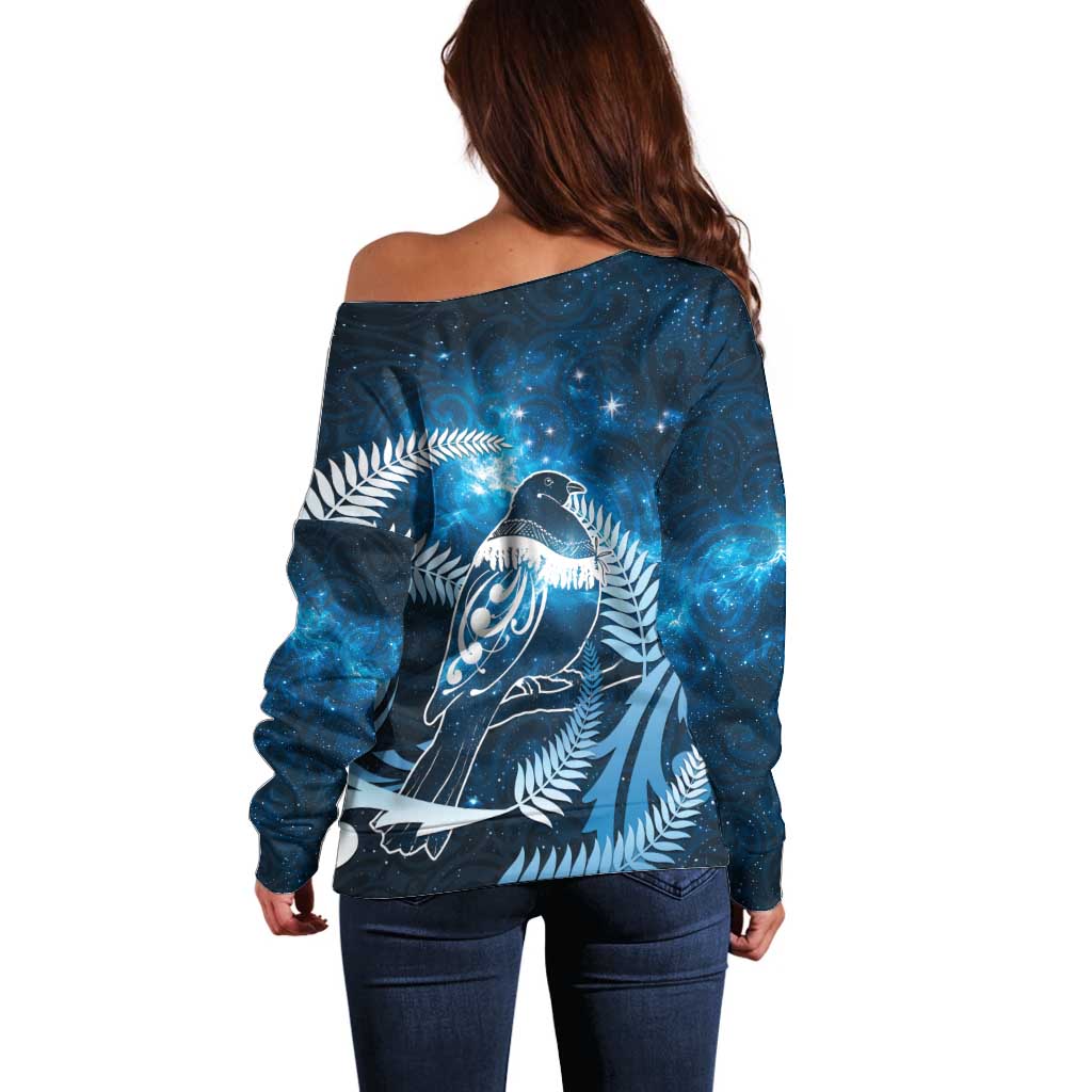 New Zealand Matariki Off Shoulder Sweater Pigeon Kereru Maori Fern Art LT05 - Polynesian Pride