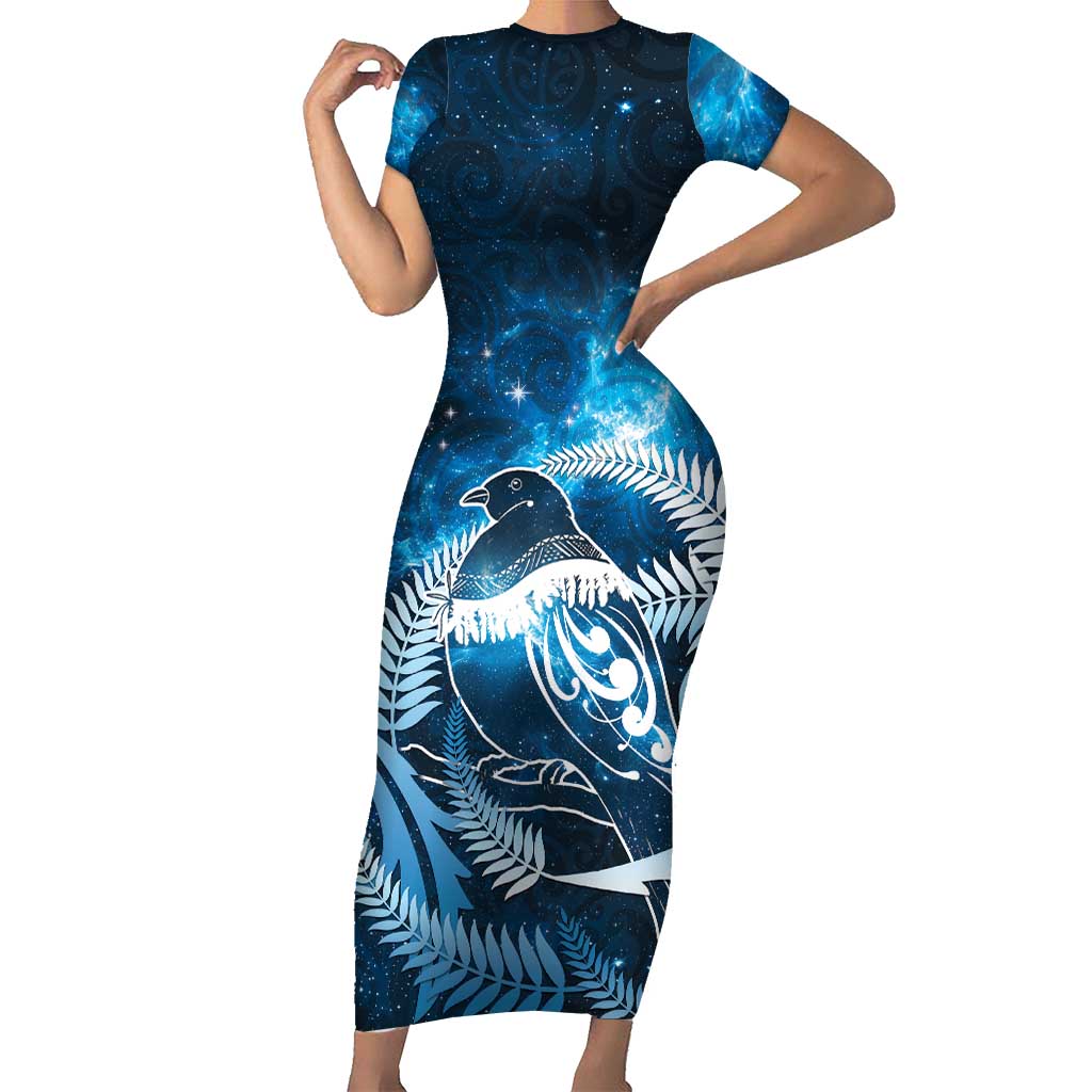 New Zealand Matariki Short Sleeve Bodycon Dress Pigeon Kereru Maori Fern Art