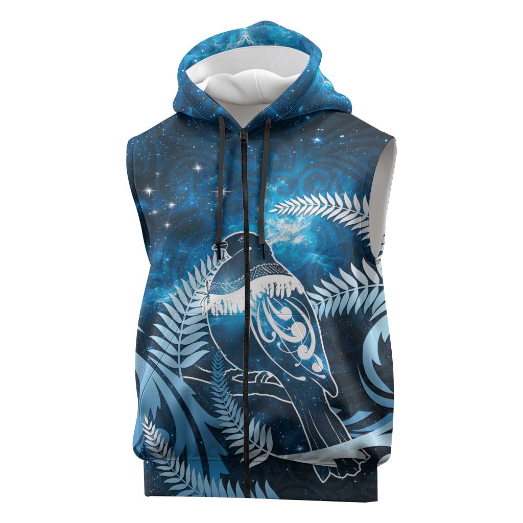 New Zealand Matariki Sleeveless Zip Hoodie Pigeon Kereru Maori Fern Art LT05 Blue - Polynesian Pride