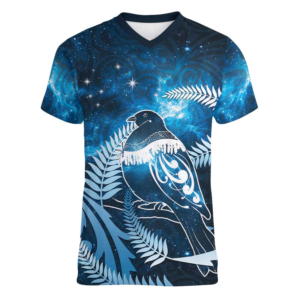 New Zealand Matariki Women V-Neck T-Shirt Pigeon Kereru Maori Fern Art LT05 Female Blue - Polynesian Pride