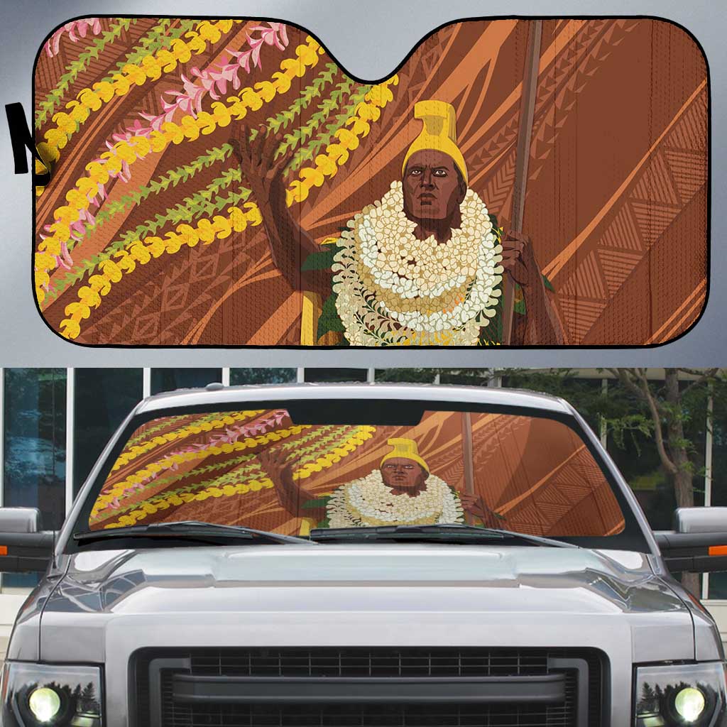 Hawaii King Kamehameha Auto Sun Shade Hawaiian Kakau Pattern With Leis
