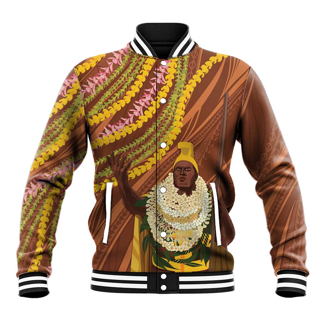 Hawaii King Kamehameha Baseball Jacket Hawaiian Kakau Pattern With Leis