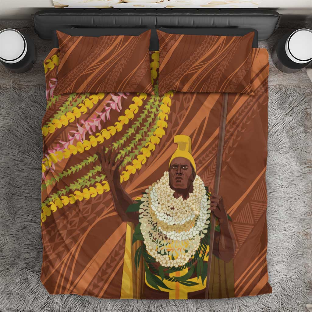 Hawaii King Kamehameha Bedding Set Hawaiian Kakau Pattern With Leis LT05 Brown - Polynesian Pride