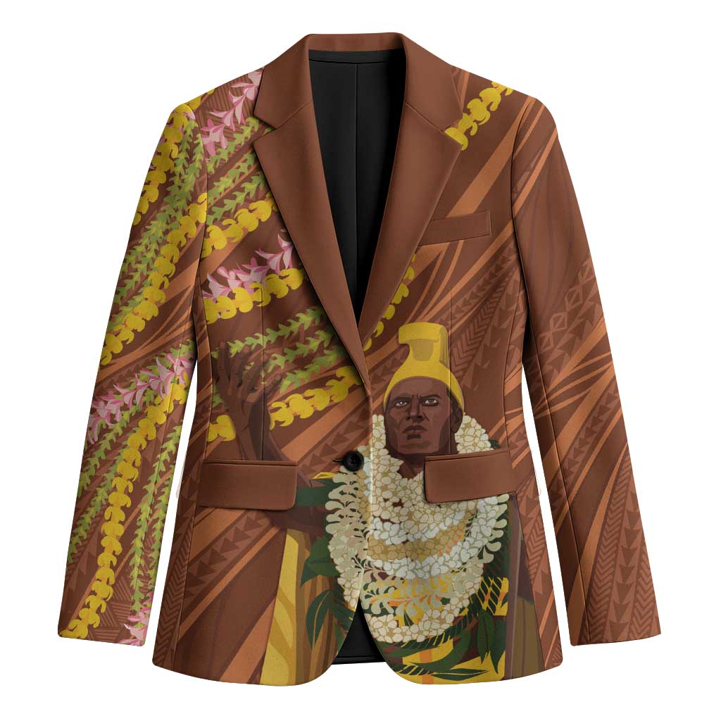 Hawaii King Kamehameha Blazer Hawaiian Kakau Pattern With Leis