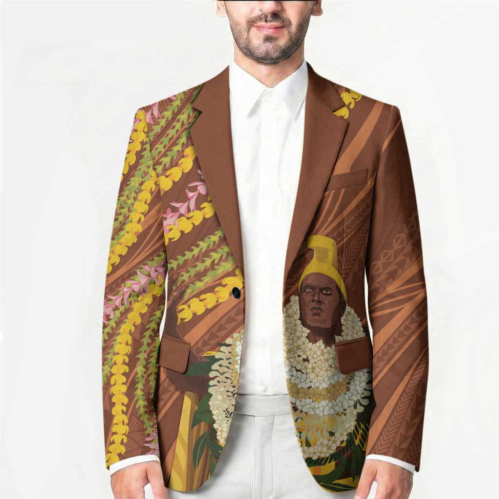 Hawaii King Kamehameha Blazer Hawaiian Kakau Pattern With Leis