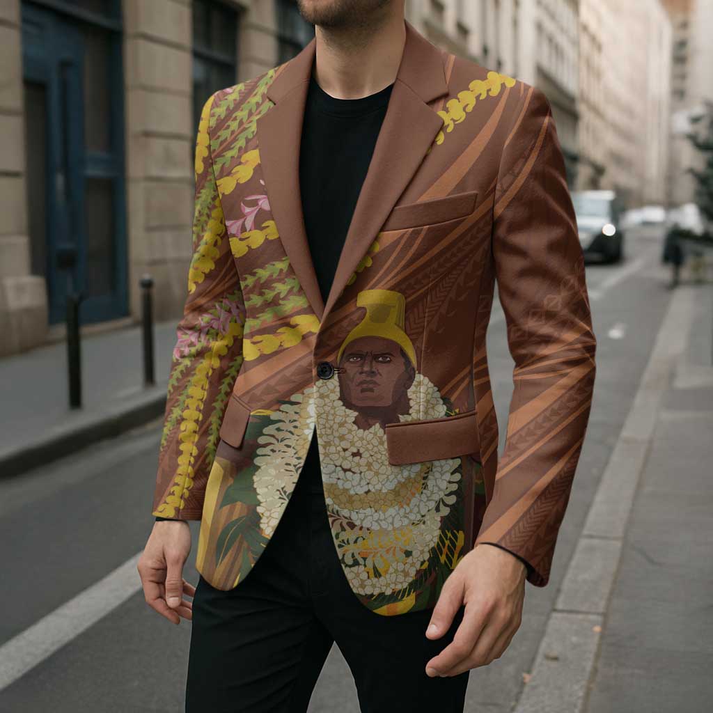 Hawaii King Kamehameha Blazer Hawaiian Kakau Pattern With Leis