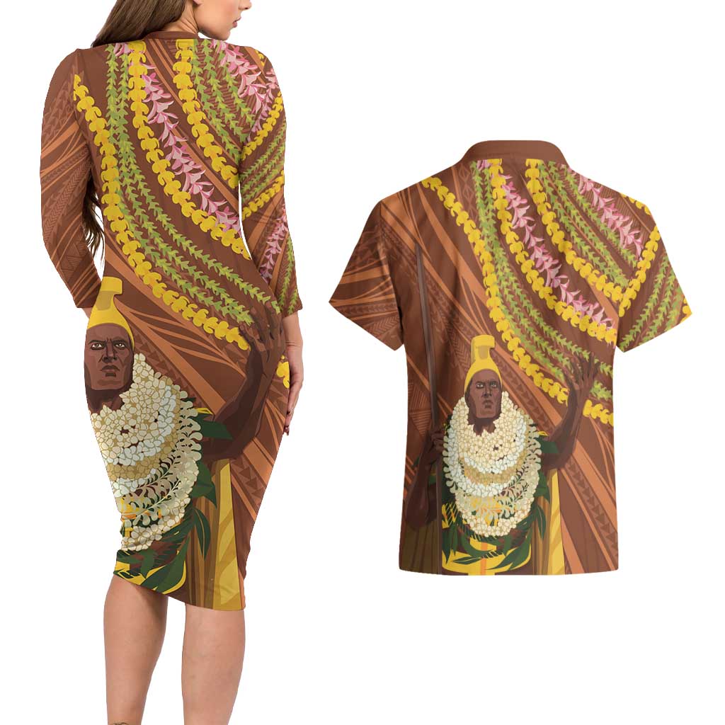 Hawaii King Kamehameha Couples Matching Long Sleeve Bodycon Dress and Hawaiian Shirt Hawaiian Kakau Pattern With Leis LT05 - Polynesian Pride