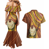Hawaii King Kamehameha Couples Matching Mermaid Dress and Hawaiian Shirt Hawaiian Kakau Pattern With Leis LT05 - Polynesian Pride