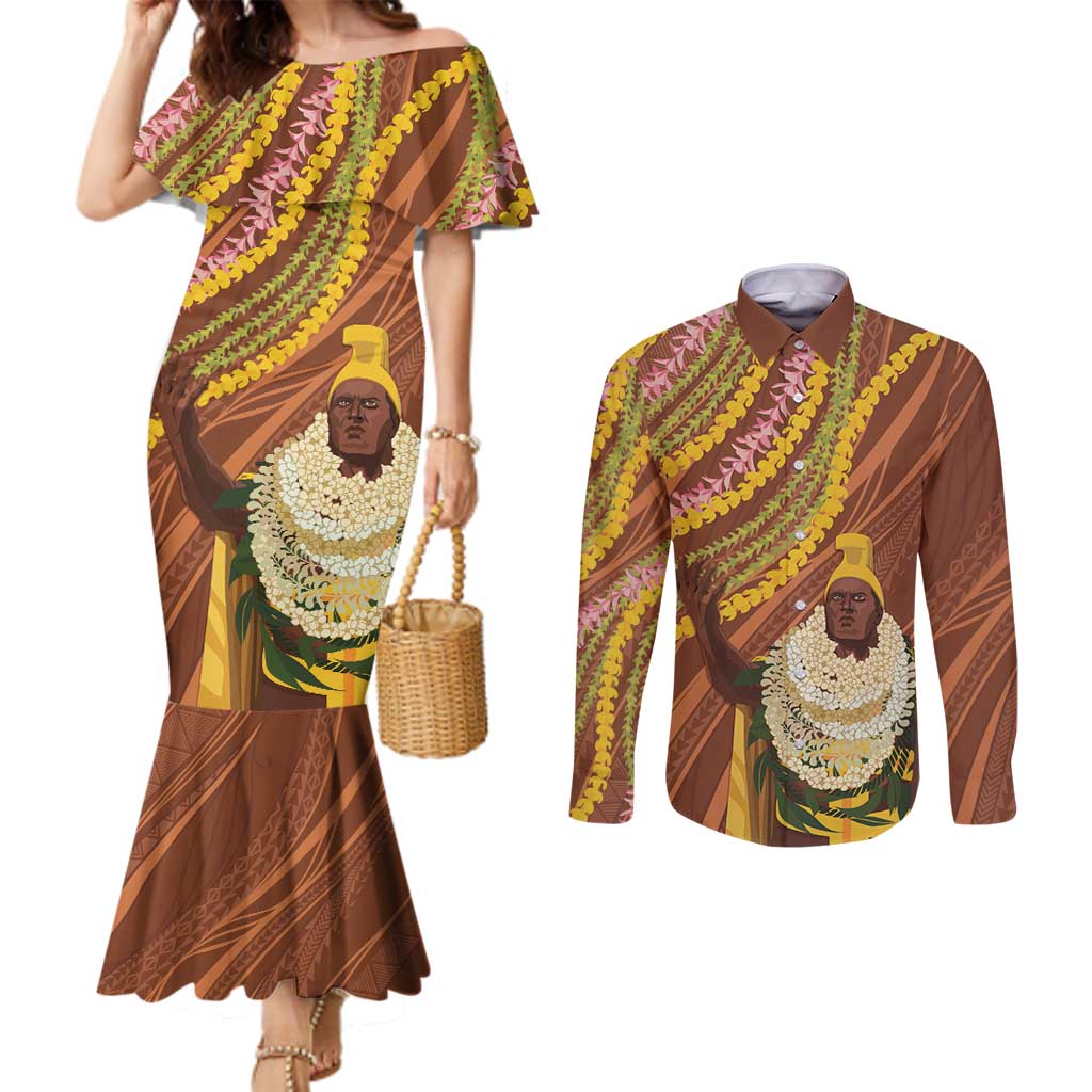 Hawaii King Kamehameha Couples Matching Mermaid Dress and Long Sleeve Button Shirt Hawaiian Kakau Pattern With Leis LT05 Brown - Polynesian Pride