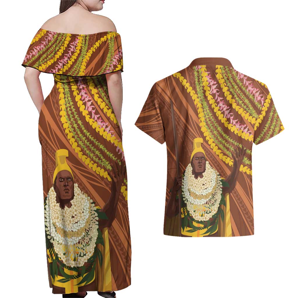 Hawaii King Kamehameha Couples Matching Off Shoulder Maxi Dress and Hawaiian Shirt Hawaiian Kakau Pattern With Leis